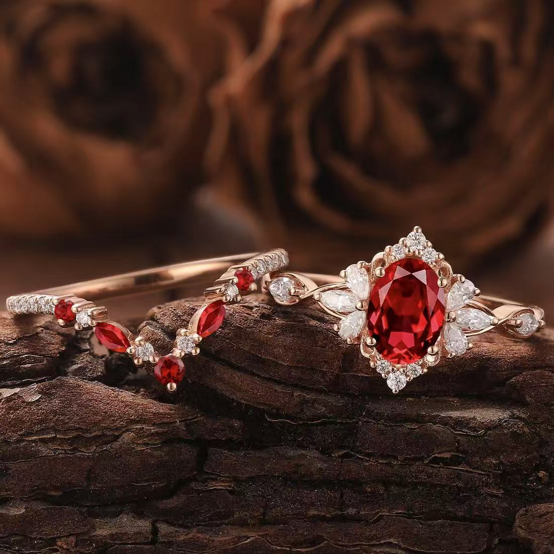 Electroplated Rose Gold Ring Set With Red Gemstones